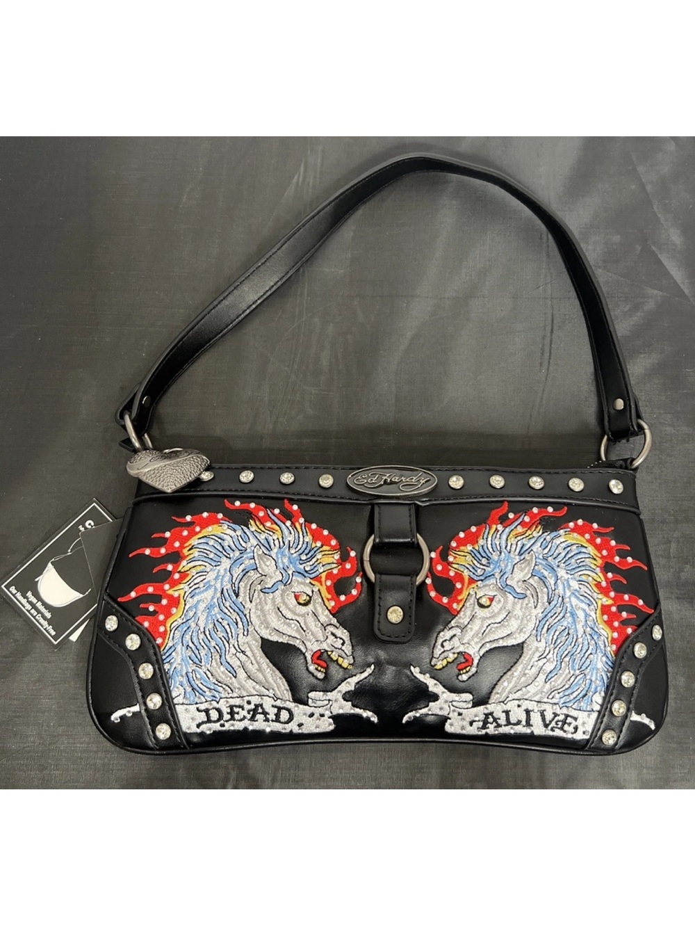 Ed Hardy Black 'Dead or Alive' Horse Embroidered Shoulder Bag